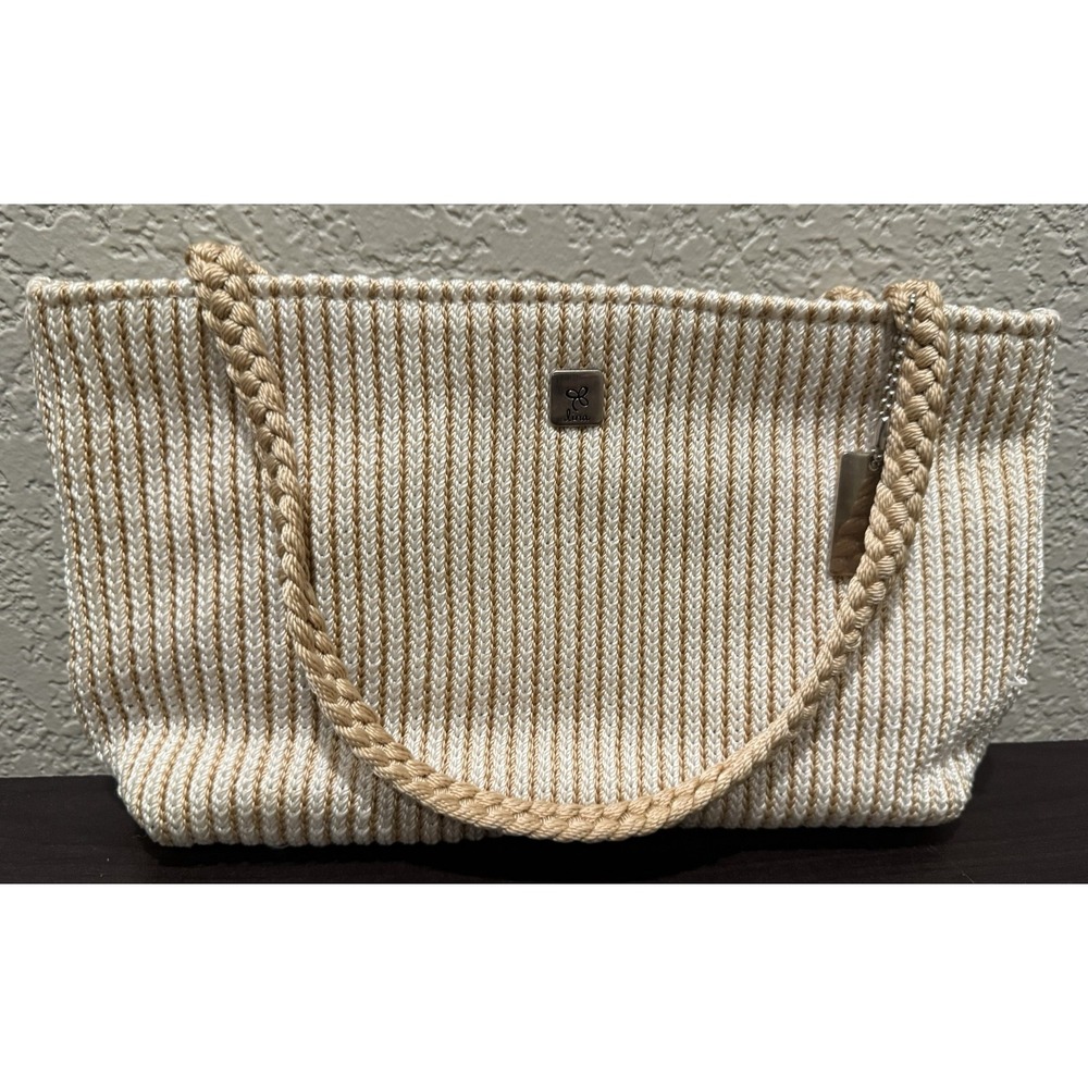 Lina Cream Tan Striped Crochet Knit Shoulder Bag Purse Handbag Boho Tote
